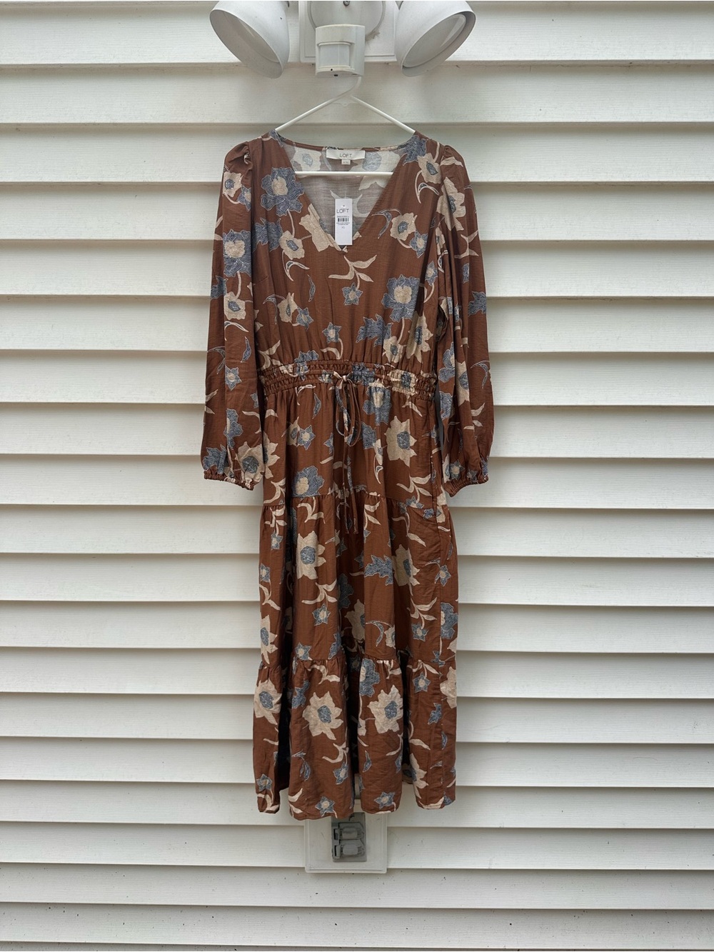 LOFT Brown Floral V-Neck Midi Dress with Drawstring Waist